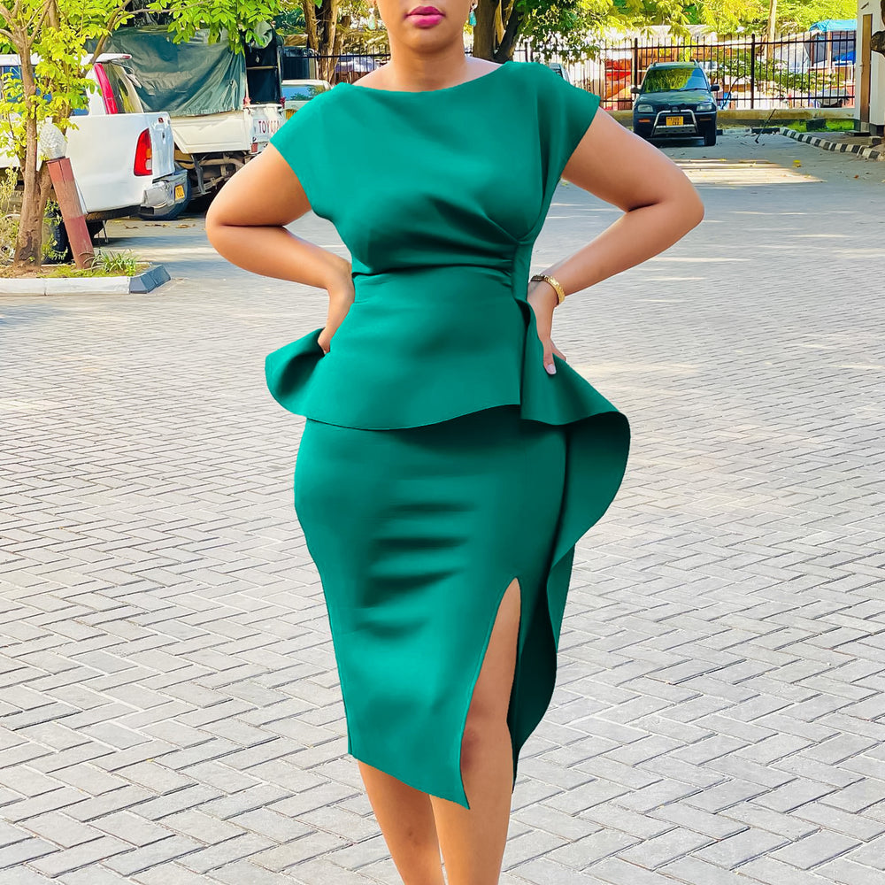 Q092  foreign trade women's v-neck solid color bodycon dress with ruffle hem and slit - professional european and american style