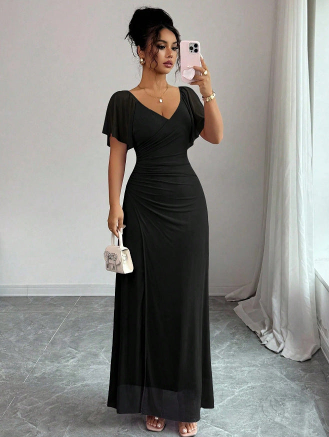 summer new arrival:  tume european and american v-neck drawstring tie sexy short-sleeve solid color dress