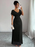 summer new arrival:  tume european and american v-neck drawstring tie sexy short-sleeve solid color dress