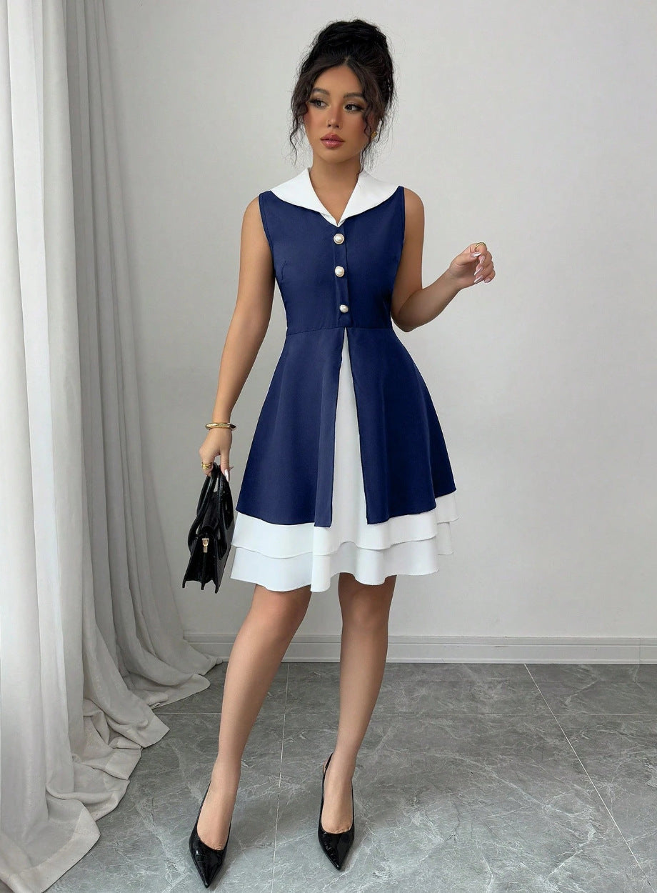 Sleeveless tweed style silmdress women's  summer waist slimming lookelegant hem contrast color vest short skirt