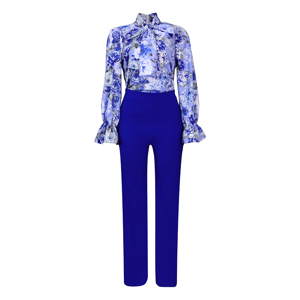 D316 european and american style women's clothing  autumn/winter loose plus size casual printed long sleeve shirt and wide leg pants cross-border two-piece set