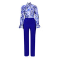 D316 european and american style women's clothing  autumn/winter loose plus size casual printed long sleeve shirt and wide leg pants cross-border two-piece set