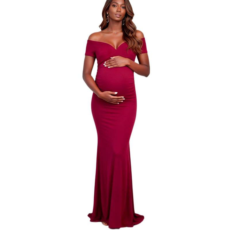 Women's burgundy off-the-shoulder maternity mermaid maxi dress: elegant and comfortable evening gown for pregnancy