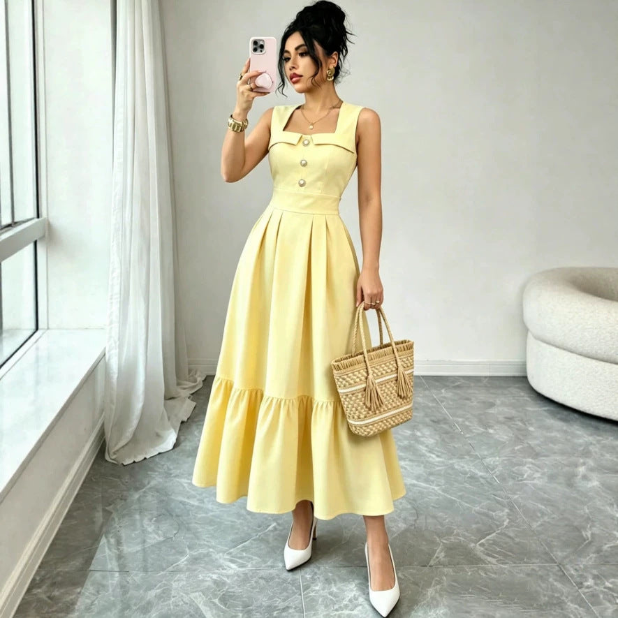 new european and american style cream yellow square neck sleeveless dress with pearl button detail, cinched waist, and pleated midi skirt