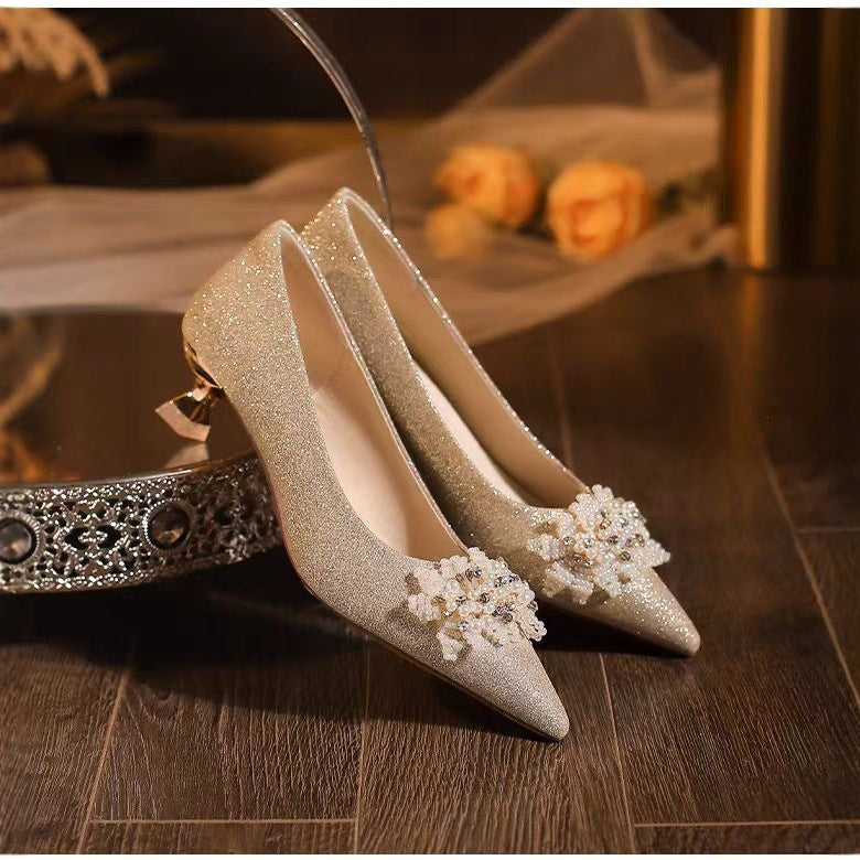 French sequin wedding shoes women 2025 new pointed toe low heel rhinestone bridal shoes