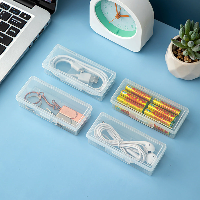 Desktop long rectangular storage box with lid grid transparent storage box flip plastic data cable storage box