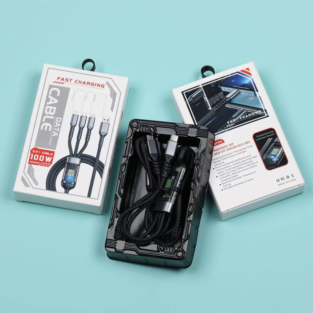 100w super fast charging 3-in-1 data cable, compatible with huawei and apple phones, 3-in-1 flash charge braided charging cable
