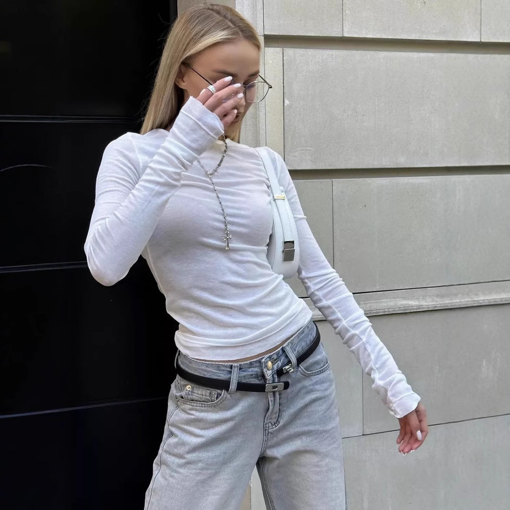autumn new arrival: cross-border european and american style women's solid color fashion slim-fit round neck flare long sleeve top/t-shirt