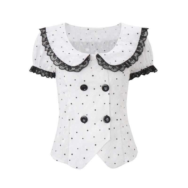 European and american style women's summer  new lace patchwork ruffle trim double-breasted short sleeve top and casual shorts set