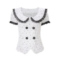 European and american style women's summer  new lace patchwork ruffle trim double-breasted short sleeve top and casual shorts set