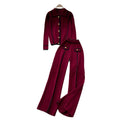 High-end fashionablecontrast color metal buckle polo collar long sleevesknittingtops women's high waist wide leg straight-leg pants two-piece set