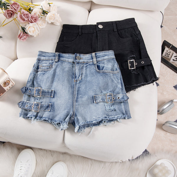 9047 #Cross-border European and American new high-waisted sexy ripped elastic plus size casual pants denim shorts jeans