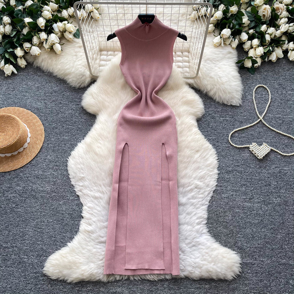 Lightly mature elegance style sleeveless high collar knittingdress female k-style silmslimming lookelegant slit a-line skirt work clothing