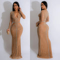 C6832 cross-border   fashion women's solid color mesh rhinestone long dress