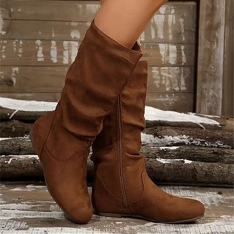 Export cross-border pleated boots autumnew arrivalretro style flats suede plaidretro boots for women
