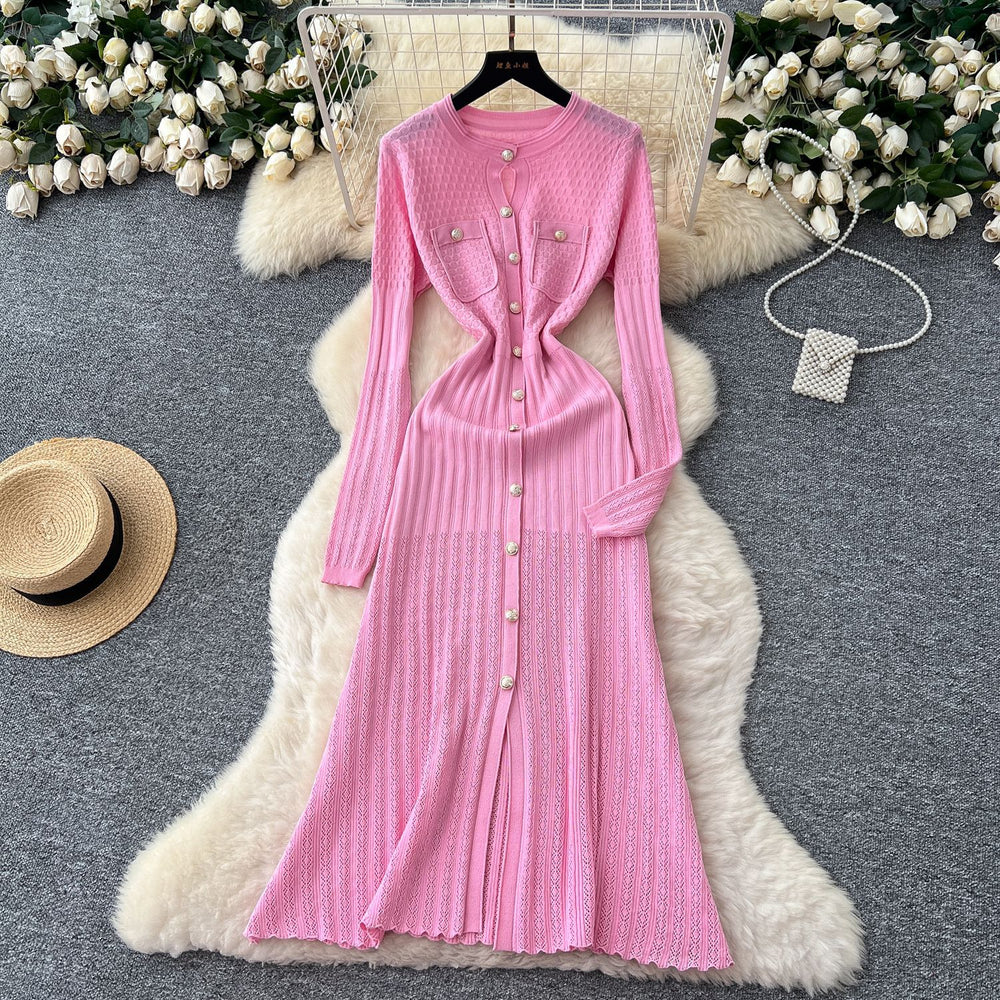 French chic metallic buckle waist dress - women's 2025 autumn slimming elegant hollow-out knit maxi dress