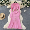 French chic metallic buckle waist dress - women's 2025 autumn slimming elegant hollow-out knit maxi dress