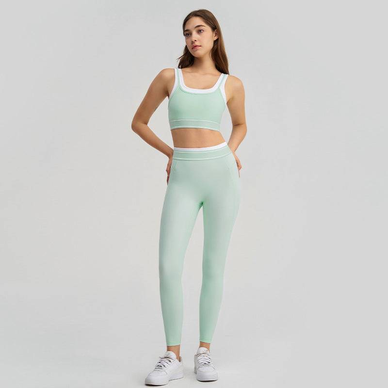new arrivalfake two-piececontrast color white striped hip lifting pants suspender running sports intimates bra yoga suit