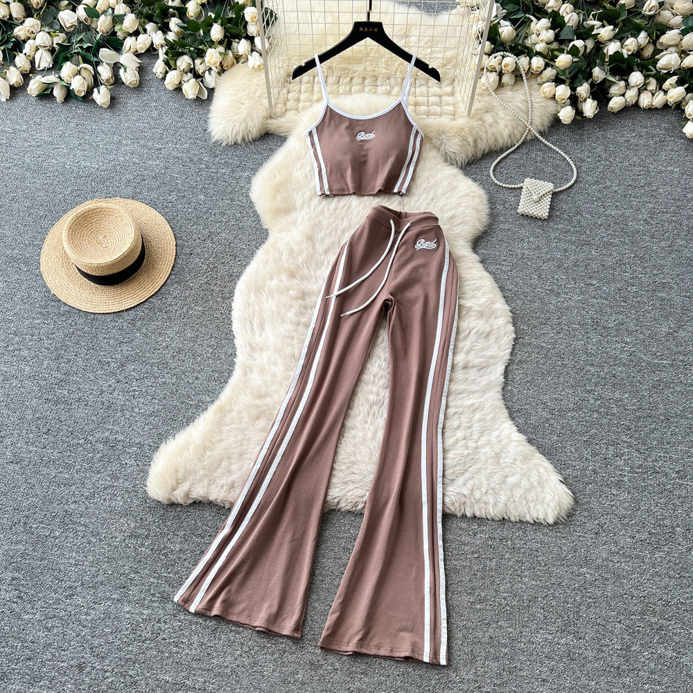 Spicy girl style red camisole two-piece set: double-stripe high-waisted flare pants - trendy summer outfit for women