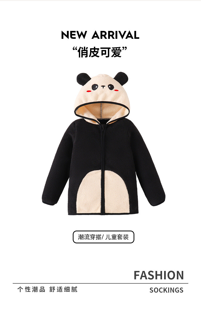 kids fleece capsules outwearfall and winter cartoon embroidered panda color matchingthickened hooded girl zippertops