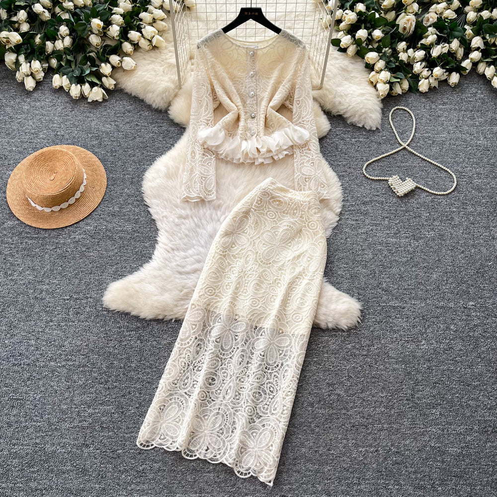 French chic lace cutout elegant two-piece set for women -  spring/autumn slim-fit high-end style