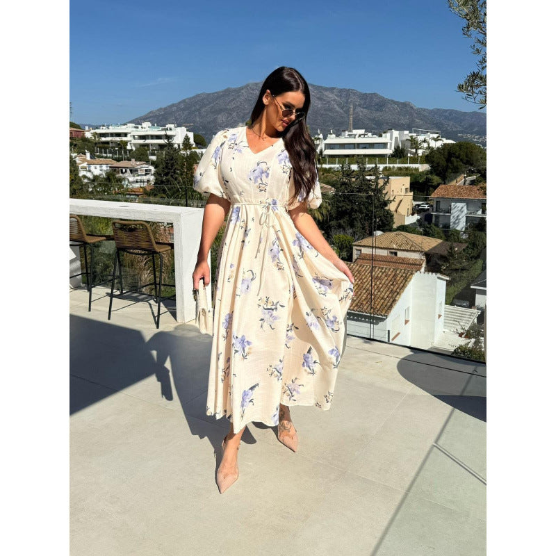 Ebay  fashionnew arrival short-sleeved printing strap large swing dress