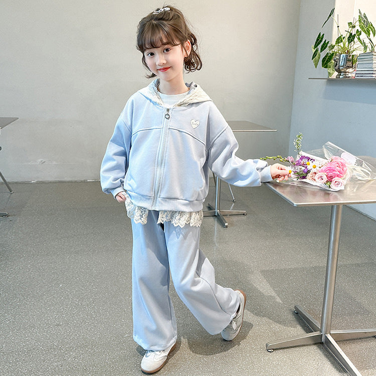 Girls' spring outfit : new stylish casual sporty lace-trimmed hooded jacket two-piece set for spring and autumn