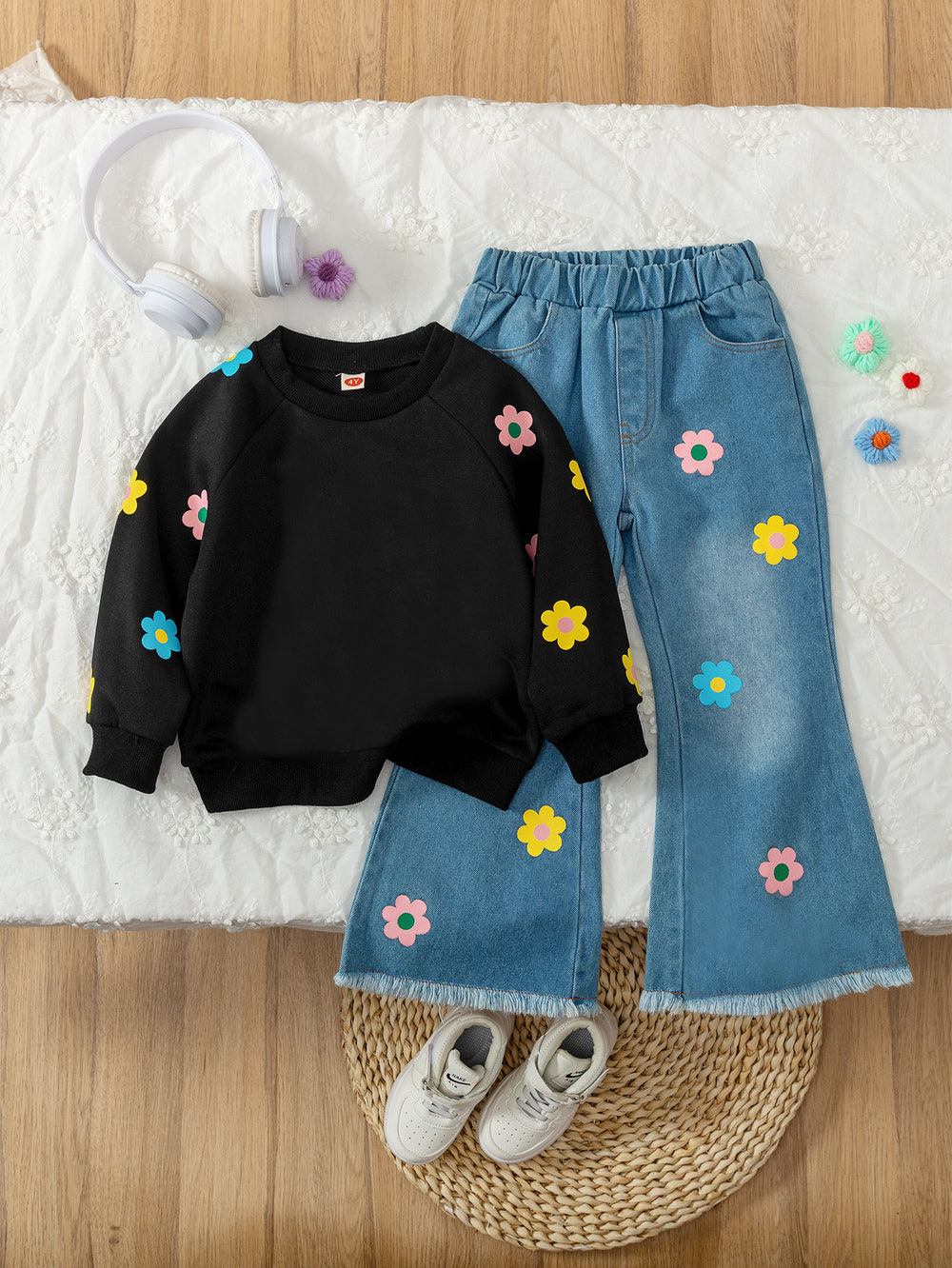 new autumn cross-border girls' cute floral print crewneck sweatshirt and washed denim flare pant set
