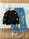 new autumn cross-border girls' cute floral print crewneck sweatshirt and washed denim flare pant set