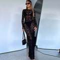 autumn new women's fashion export  european and american hollow-out lace pattern see-through slim-fit long dress