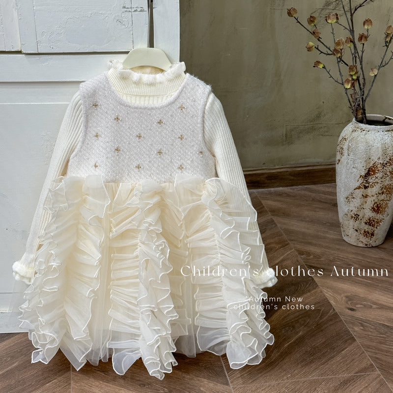Girls' fleece-lined dress - new autumn/winter  collection: stylish wavy hem sundress, warm base layer, princess dress