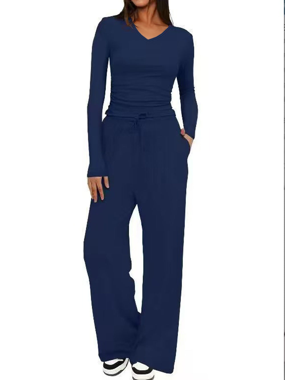 2025 cross-border fashion amazon new product pure color casuallong sleevesv necksuittopshigh waistloose pants shipping