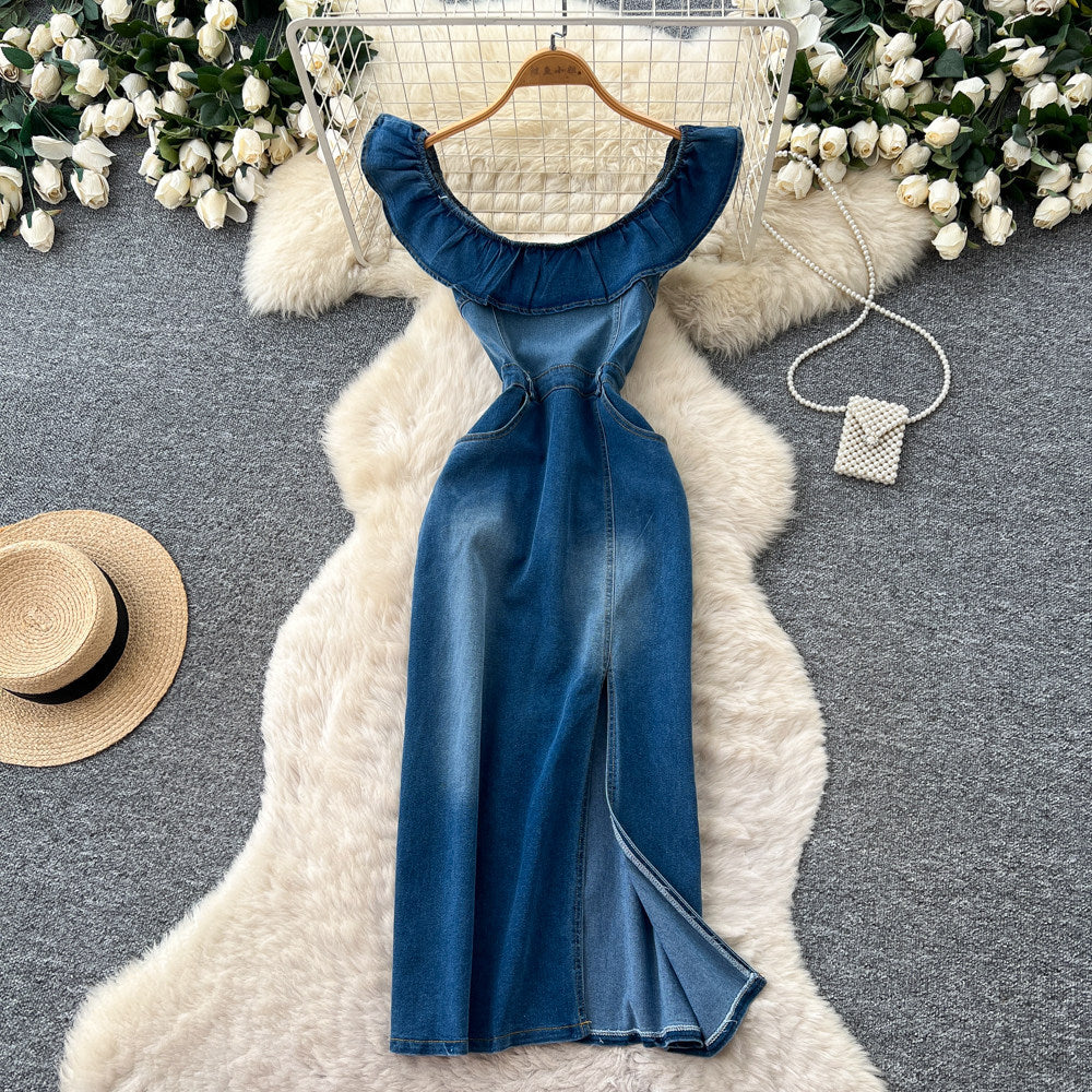 K-style silmslimming lookcasual denim dress women's summerruffle collar waist slimming looka-line long skirt work clothing