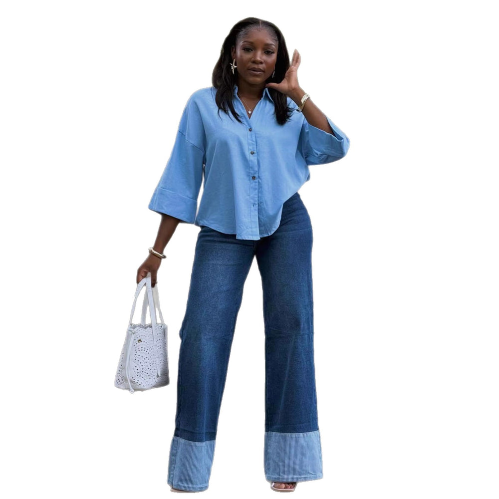 European and american cross-border women's fashion:  summer new arrival - elegant casual solid color turn-down collar loose fit designer shirt top for women