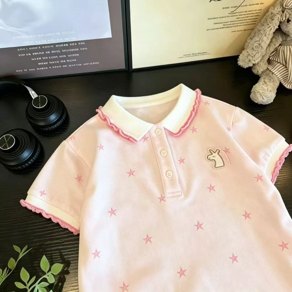 【in stock】girls' short-sleeve pink star print  summer new sweet polo shirt - stylish korean style outfit