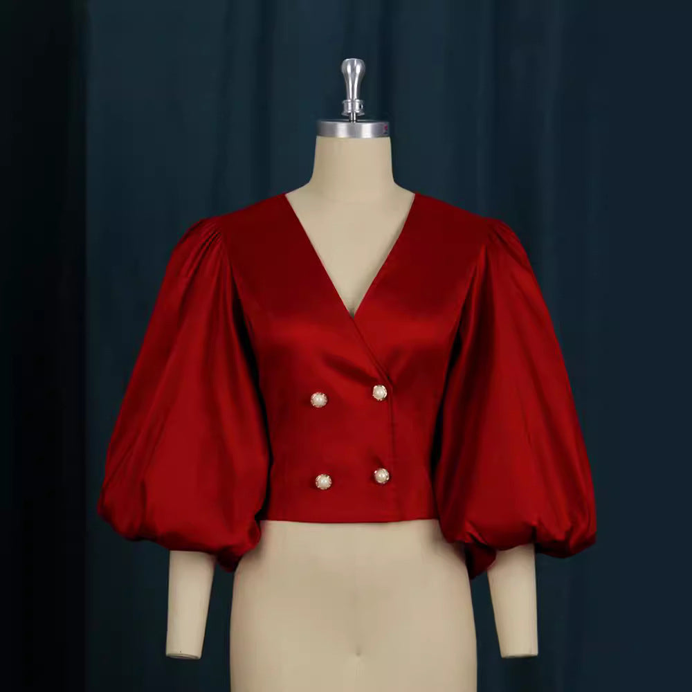 Am211114v neck lantern sleeve button cardigan silmshort party women's shirt tops