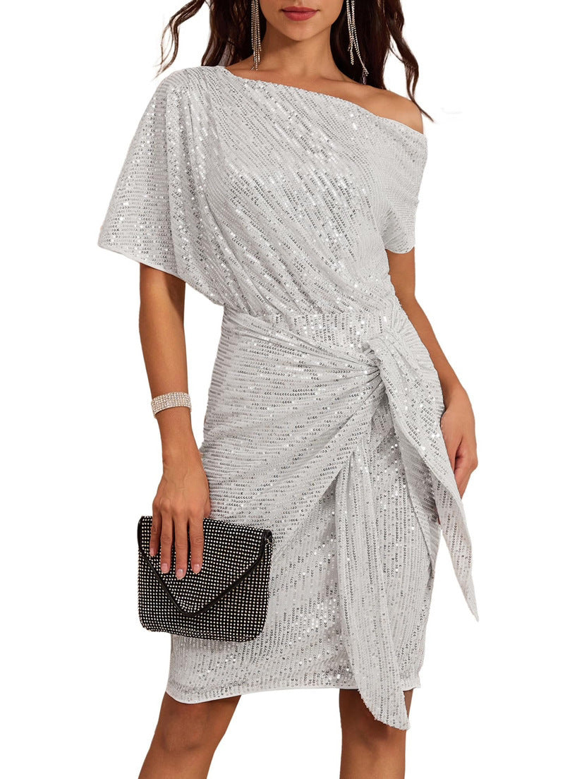 european and american cross-border women's beaded and sequined party club one-shoulder ruched evening gown fashion dress