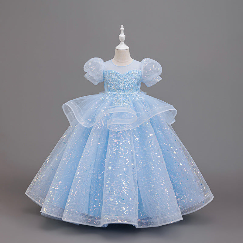 Girls' long mesh ball gown -  new collection - flower girl wedding dress, evening gown, elegant and graceful attire