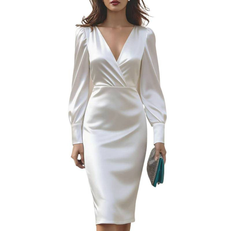 european and american new arrival: elegant satin fitted long-sleeve dress