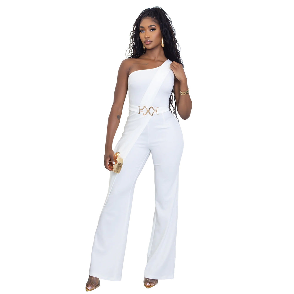 C7505 cross-border   fashion women's summer elegant decorative buckle one-shoulder jumpsuit new
