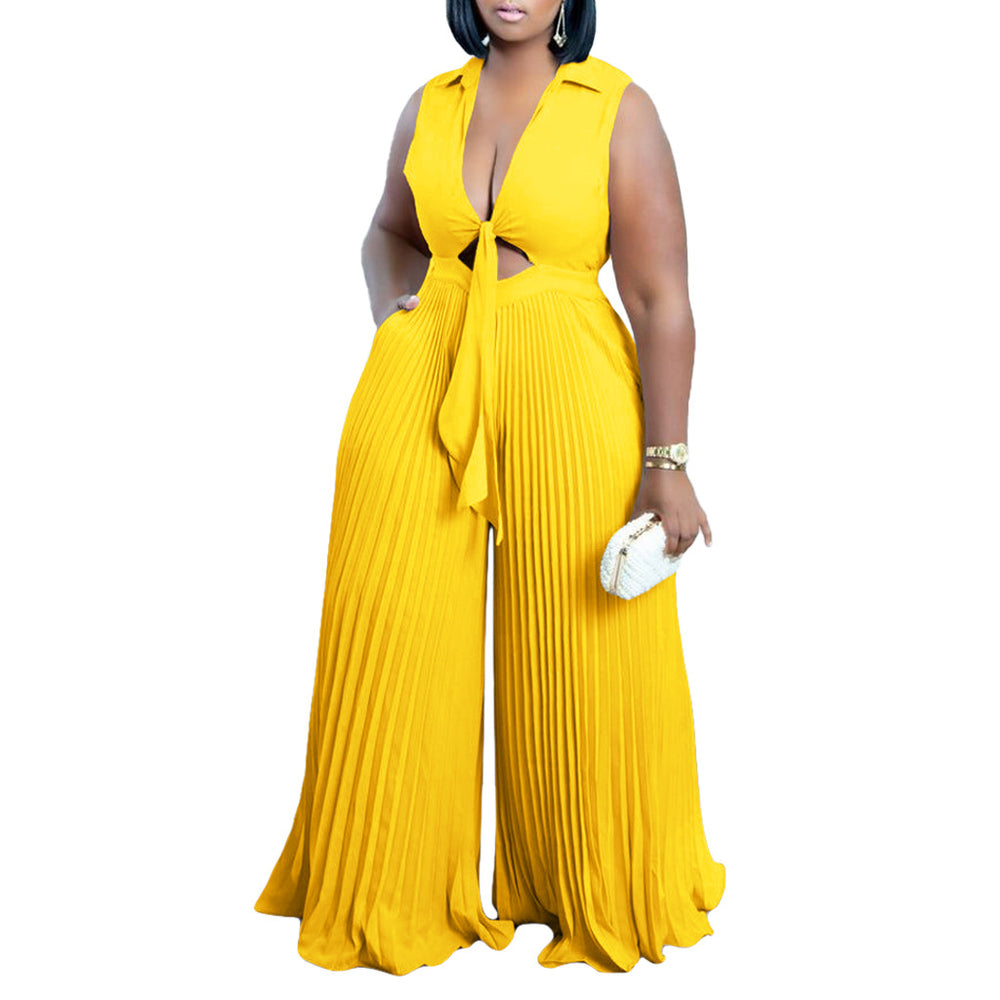 Amazon european and american women's summer new fashion v-neck sleeveless turn-down collar printed loose wide-leg cross-border jumpsuit