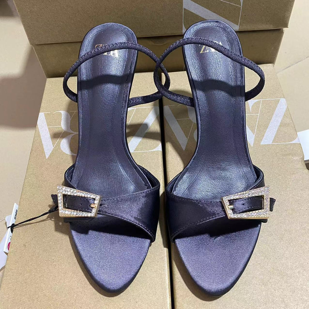 Za2024summernew arrival high-heeled back strap one-strap rhinestone buckle decoration fashionoutwear women's sandals