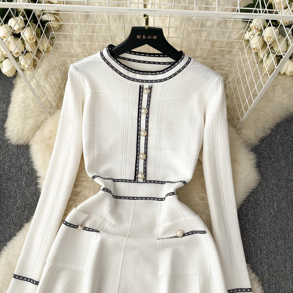 Luxury french-style knitted dress for women - autumn/winter long sleeve, cinched waist, unique design, elegant socialite style