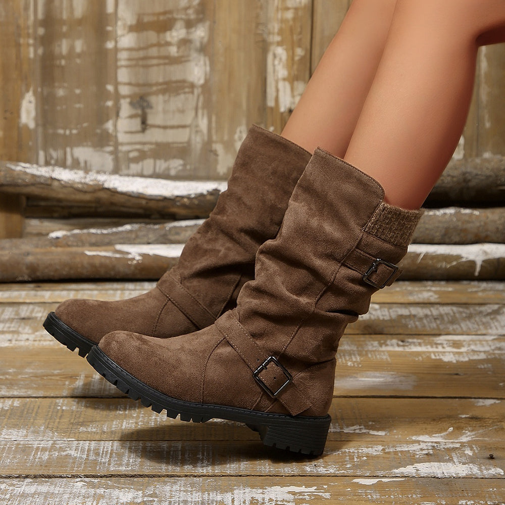 winter fleece-lined leather buckle mid-calf boots for women, new export style, wool-lined, plus size cotton shoes -  43
