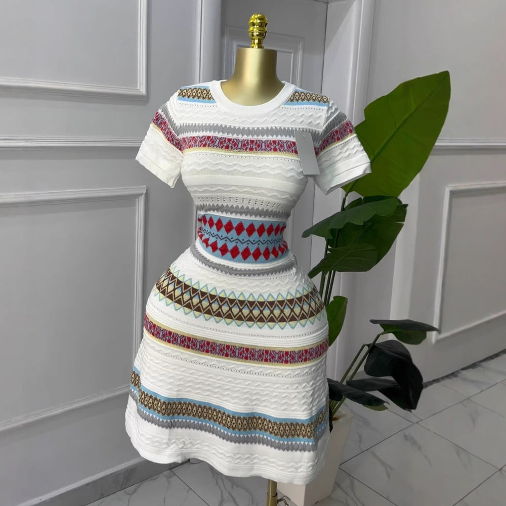 Small fresh stripesdress female summer french style retrosense of design age reduction sweet ethnic style knitting skirt