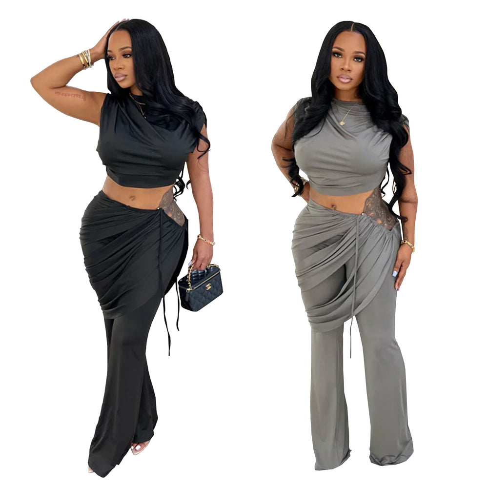 C7528 cross-border   fashion women's casual sleeveless cropped top and pants two-piece set