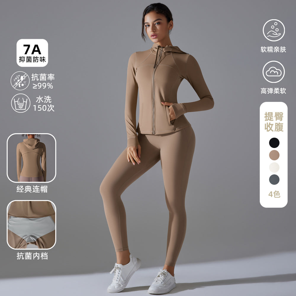 New double-sided nylon yoga set with built-in shorts: solid color zip-up hooded sports jacket and running fitness set