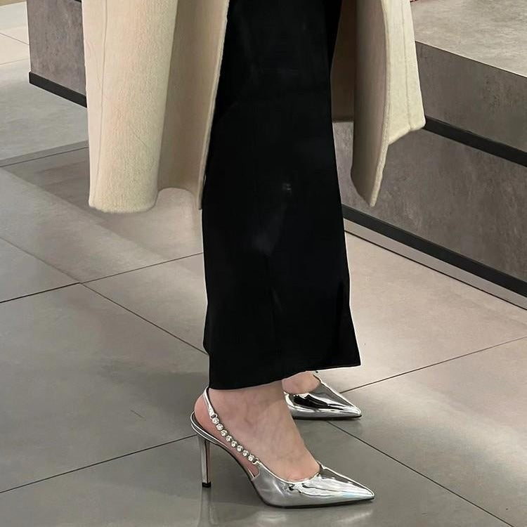 Pointed-toe french sandals, 2025 new summer collection, silver rhinestone high heels, women's stiletto heels, perfect with dresses, mature and chic style