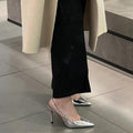 Pointed-toe french sandals, 2025 new summer collection, silver rhinestone high heels, women's stiletto heels, perfect with dresses, mature and chic style