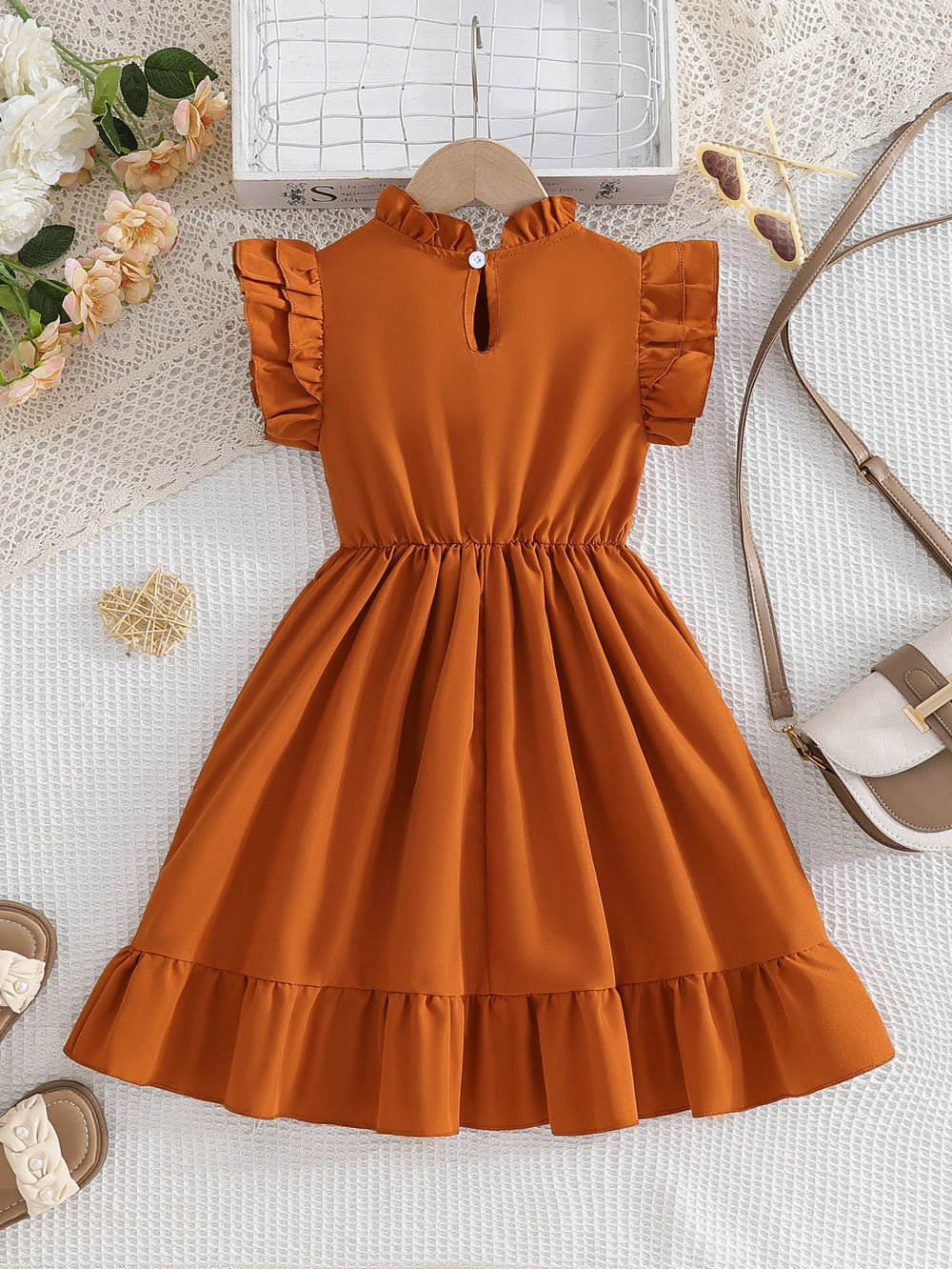 Exportsummergirldress orange brown flying sleeve vest finale lacepatchworkpleatedkids princess dress